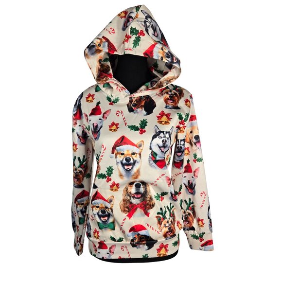 NWOT | Christmas Dog Faces Holiday Print Hoodie Sweatshirt Kangaroo Pocket | Med - Picture 1 of 6